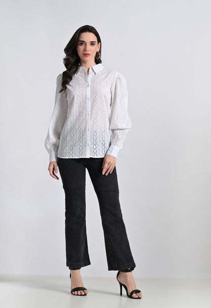 Women's White Cotton Full Sleeve Shirt