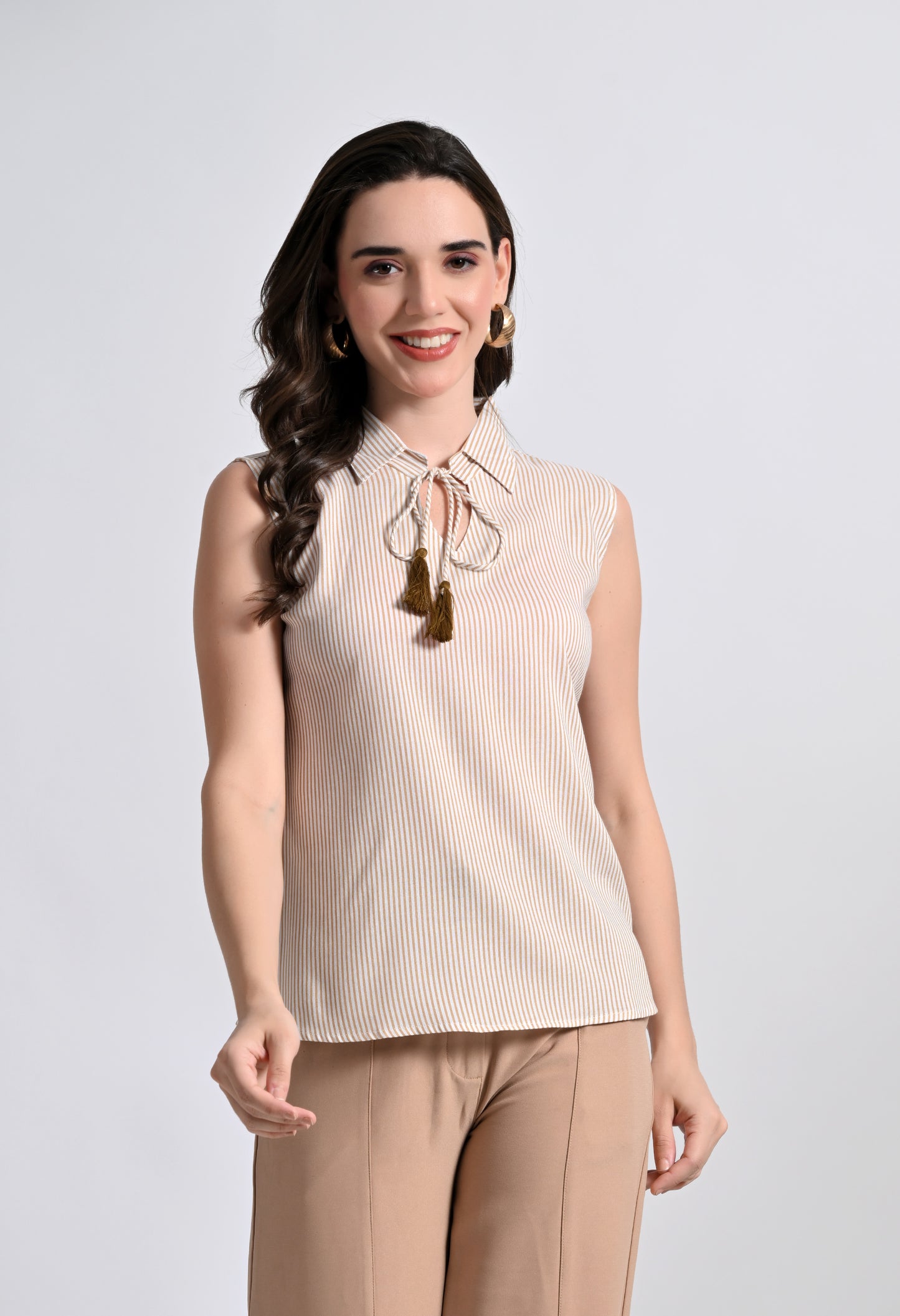 Women's Sleeveless Striped Blouse - Top with Tassel Neck Tie