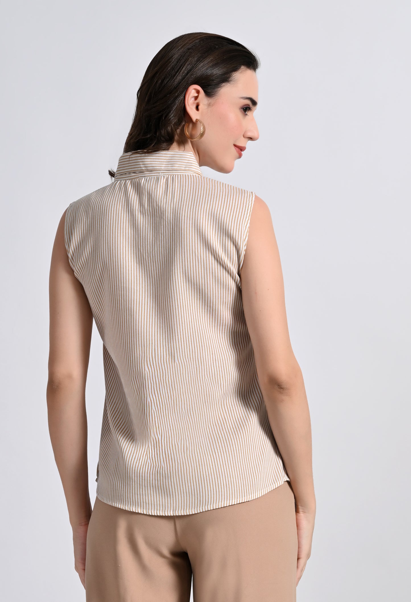 Women's Sleeveless Striped Blouse - Top with Tassel Neck Tie