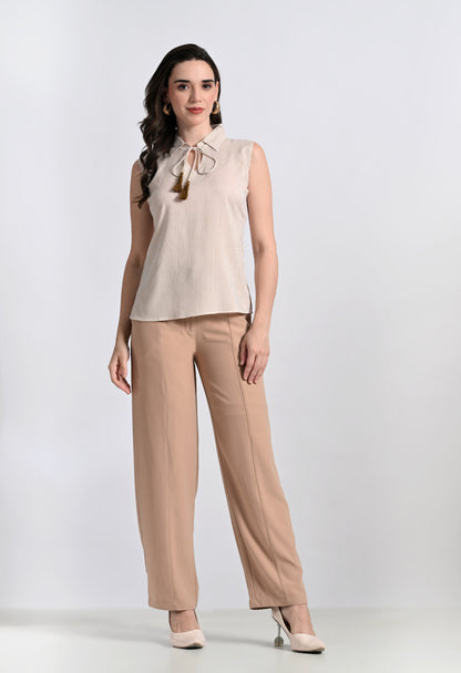 Women's Sleeveless Striped Blouse - Top with Tassel Neck Tie