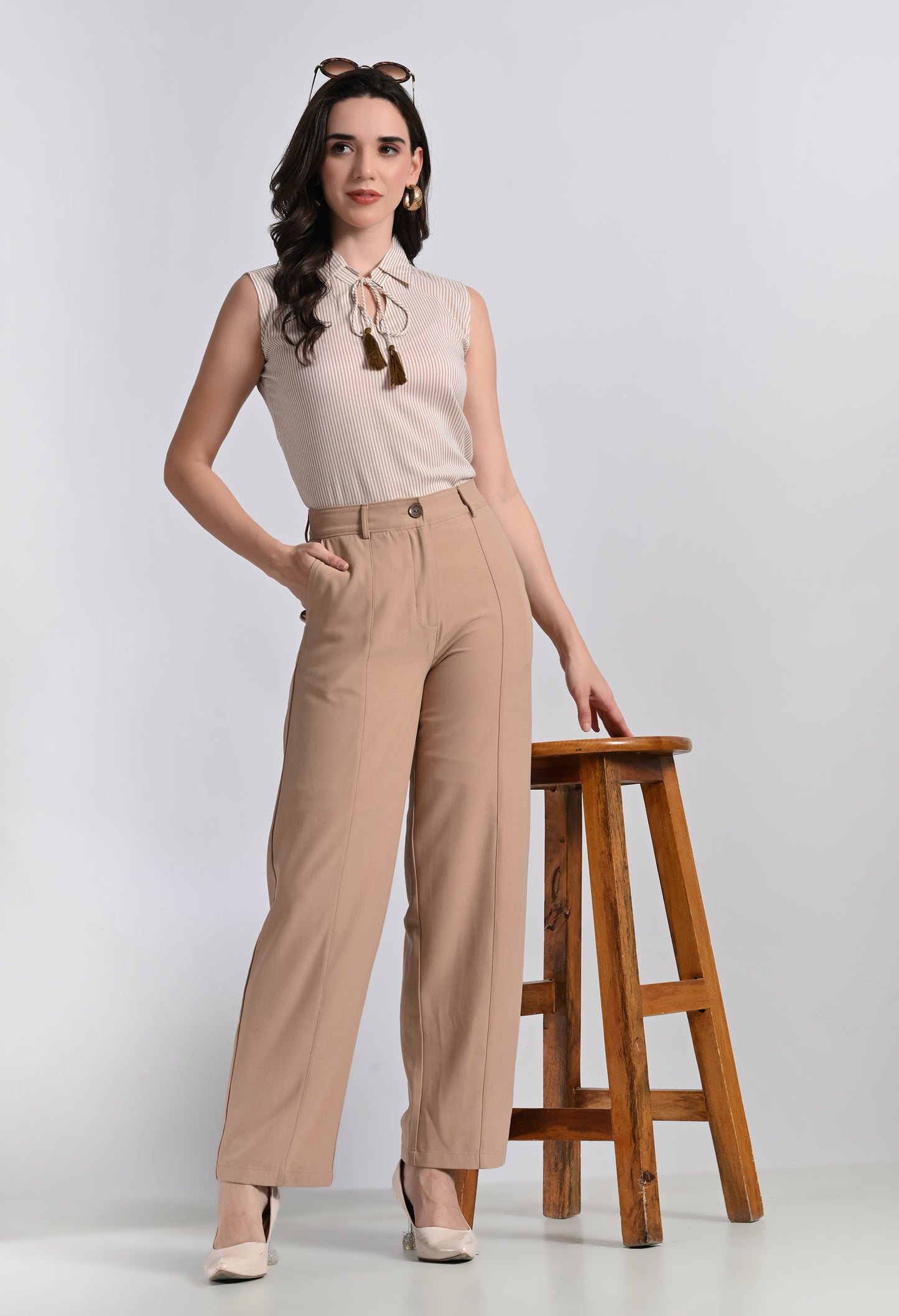 Women's Sleeveless Striped Blouse - Top with Tassel Neck Tie