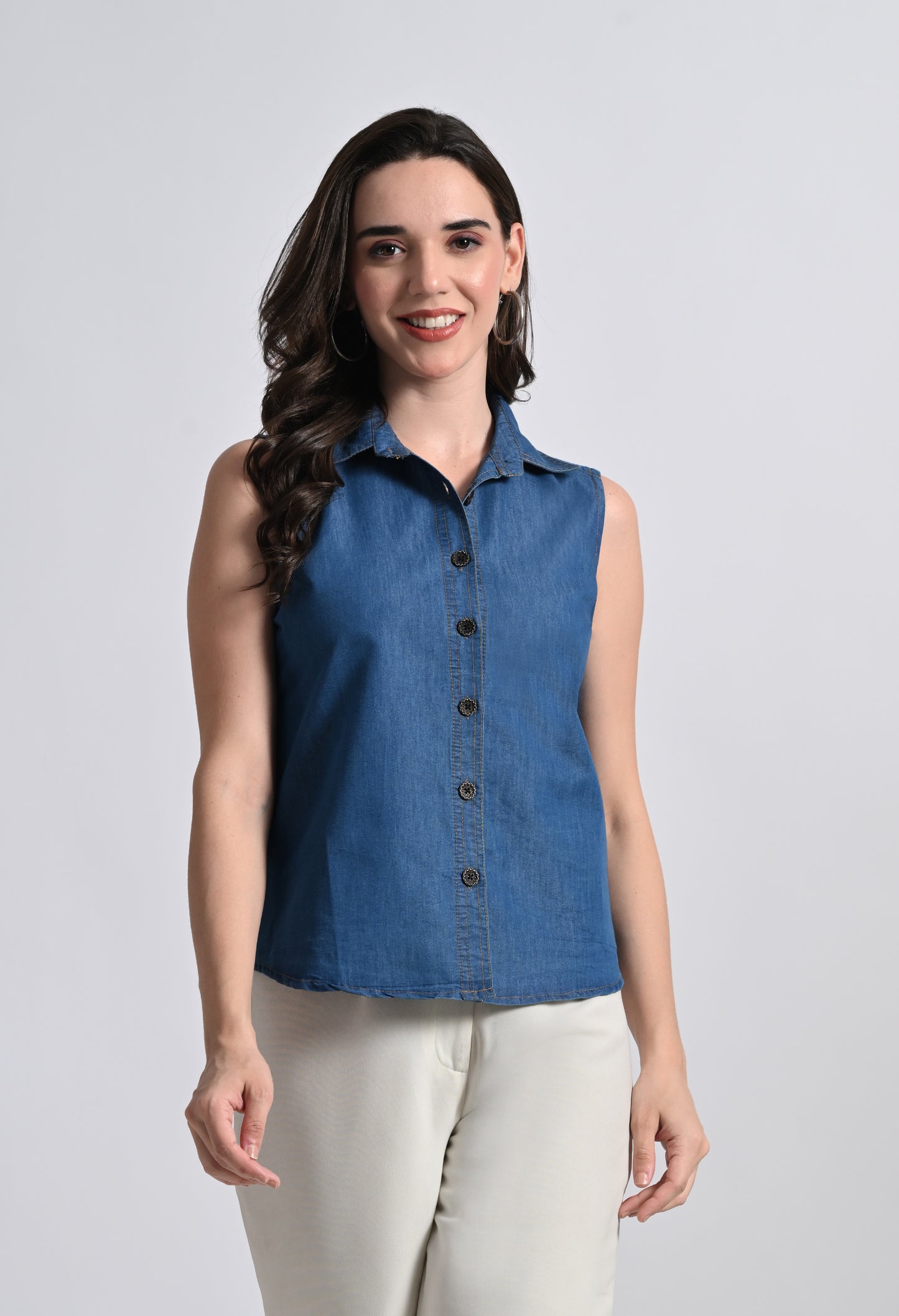 Women's Sleeveless Denim Button Down Cotton Top