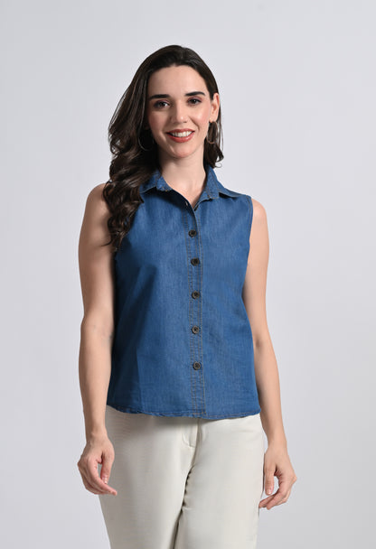Women's Sleeveless Denim Button Down Cotton Top