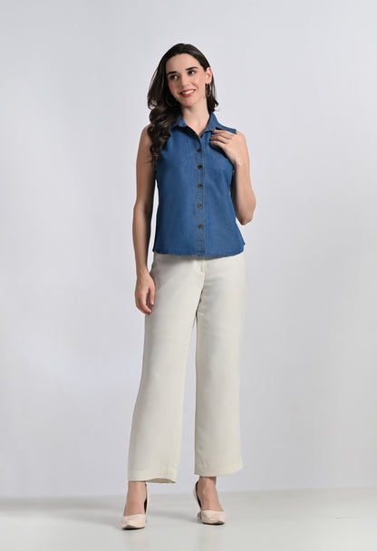 Women's Sleeveless Denim Button Down Cotton Top