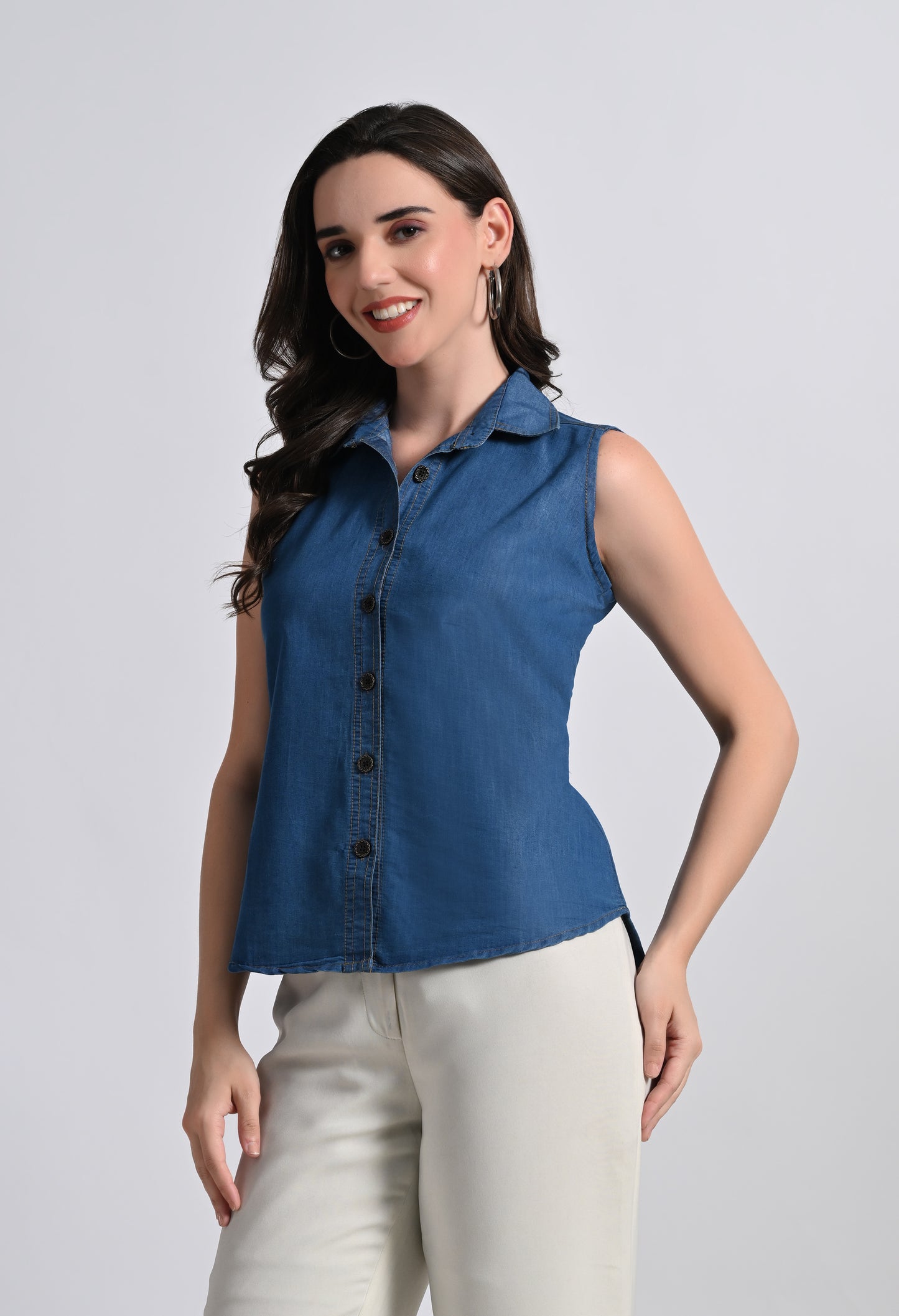 Women's Sleeveless Denim Button Down Cotton Top