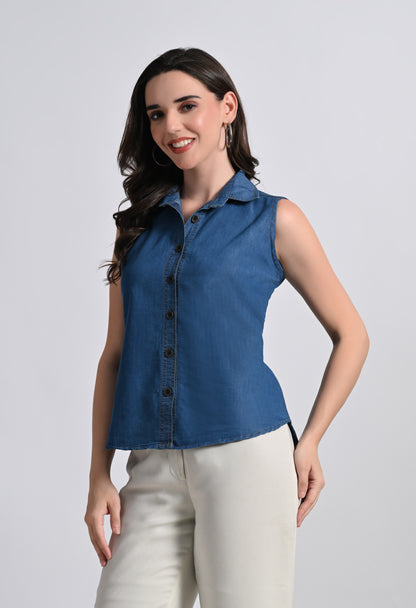 Women's Sleeveless Denim Button Down Cotton Top