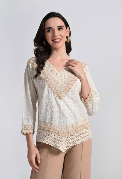 Women's V Neck Embroidered Lace Top - Ivory Cotton Crochet Trim Blouse