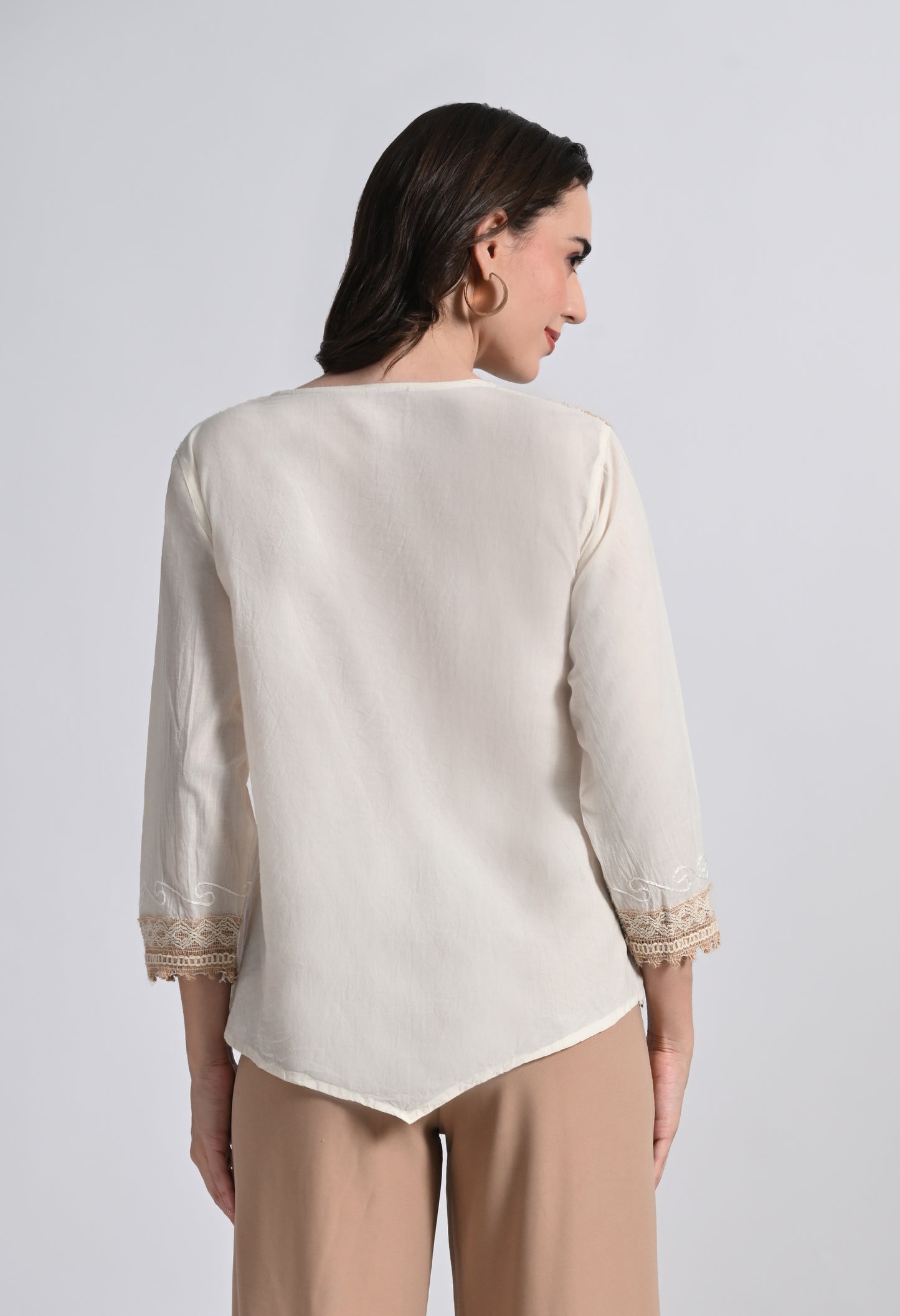 Women's V Neck Embroidered Lace Top - Ivory Cotton Crochet Trim Blouse