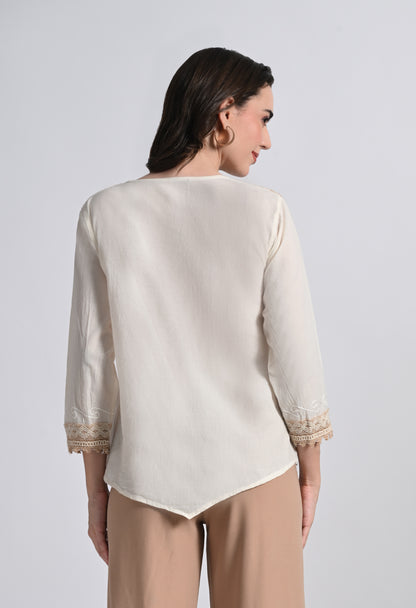 Women's V Neck Embroidered Lace Top - Ivory Cotton Crochet Trim Blouse