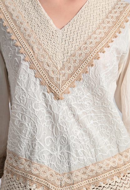 Women's V Neck Embroidered Lace Top - Ivory Cotton Crochet Trim Blouse