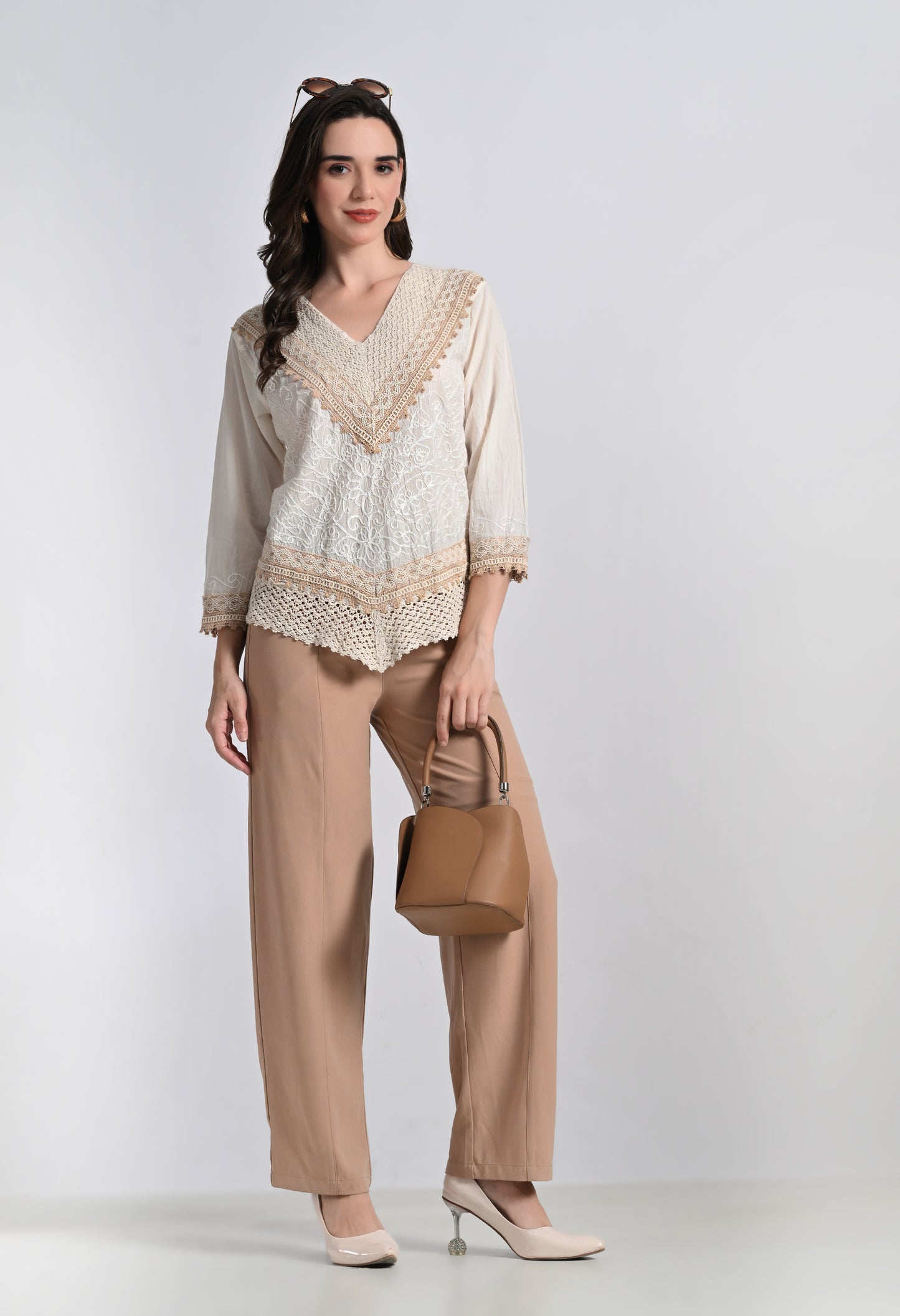 Women's V Neck Embroidered Lace Top - Ivory Cotton Crochet Trim Blouse