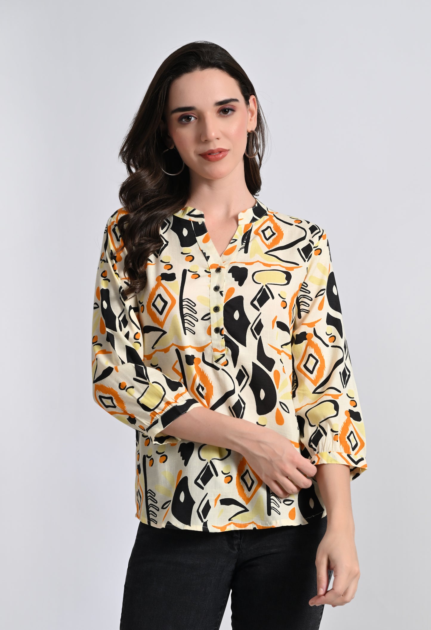 Women's Abstract Print Button-Up Blouse - Geometric Pattern 3/4 Sleeve Top