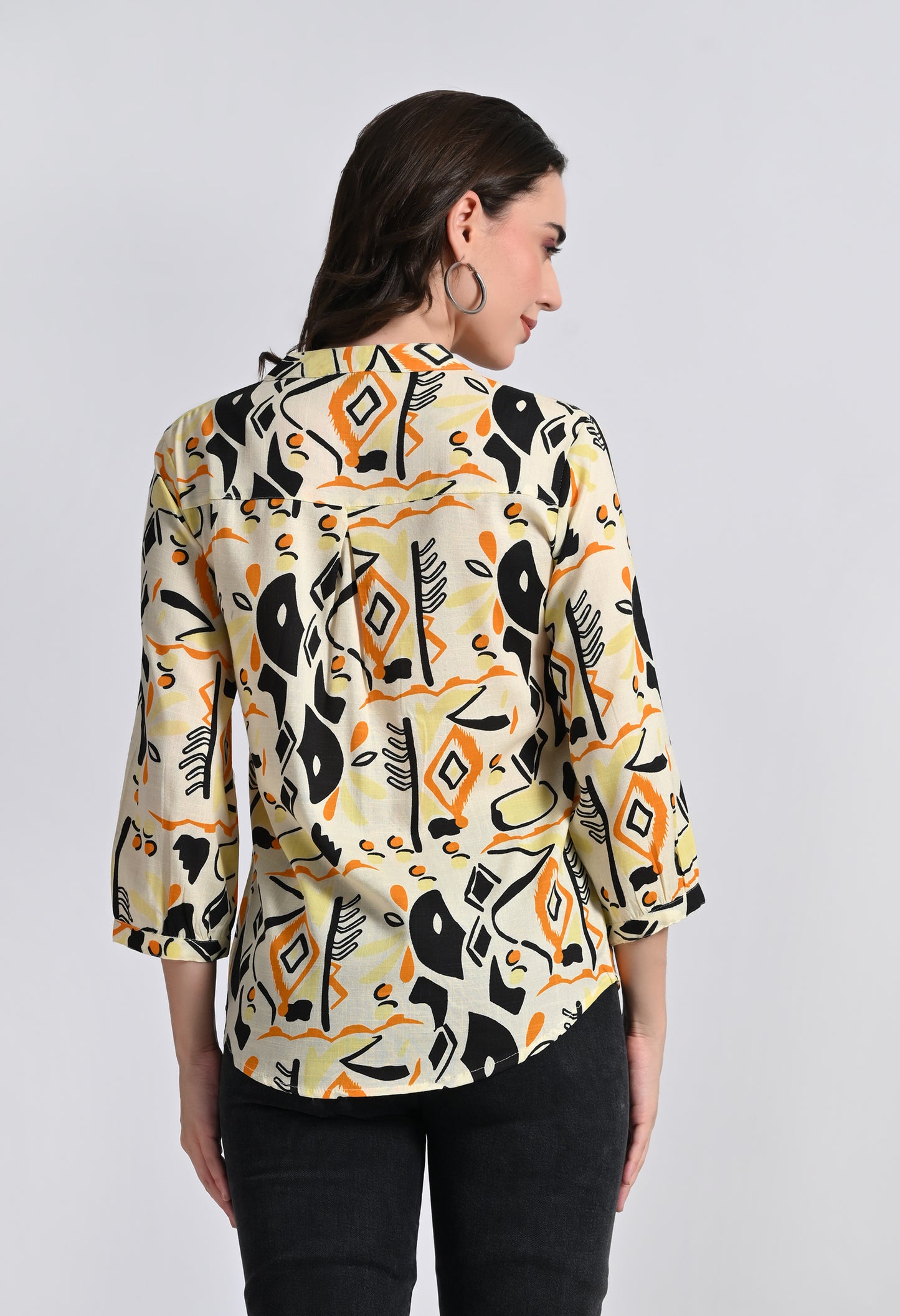 Women's Abstract Print Button-Up Blouse - Geometric Pattern 3/4 Sleeve Top