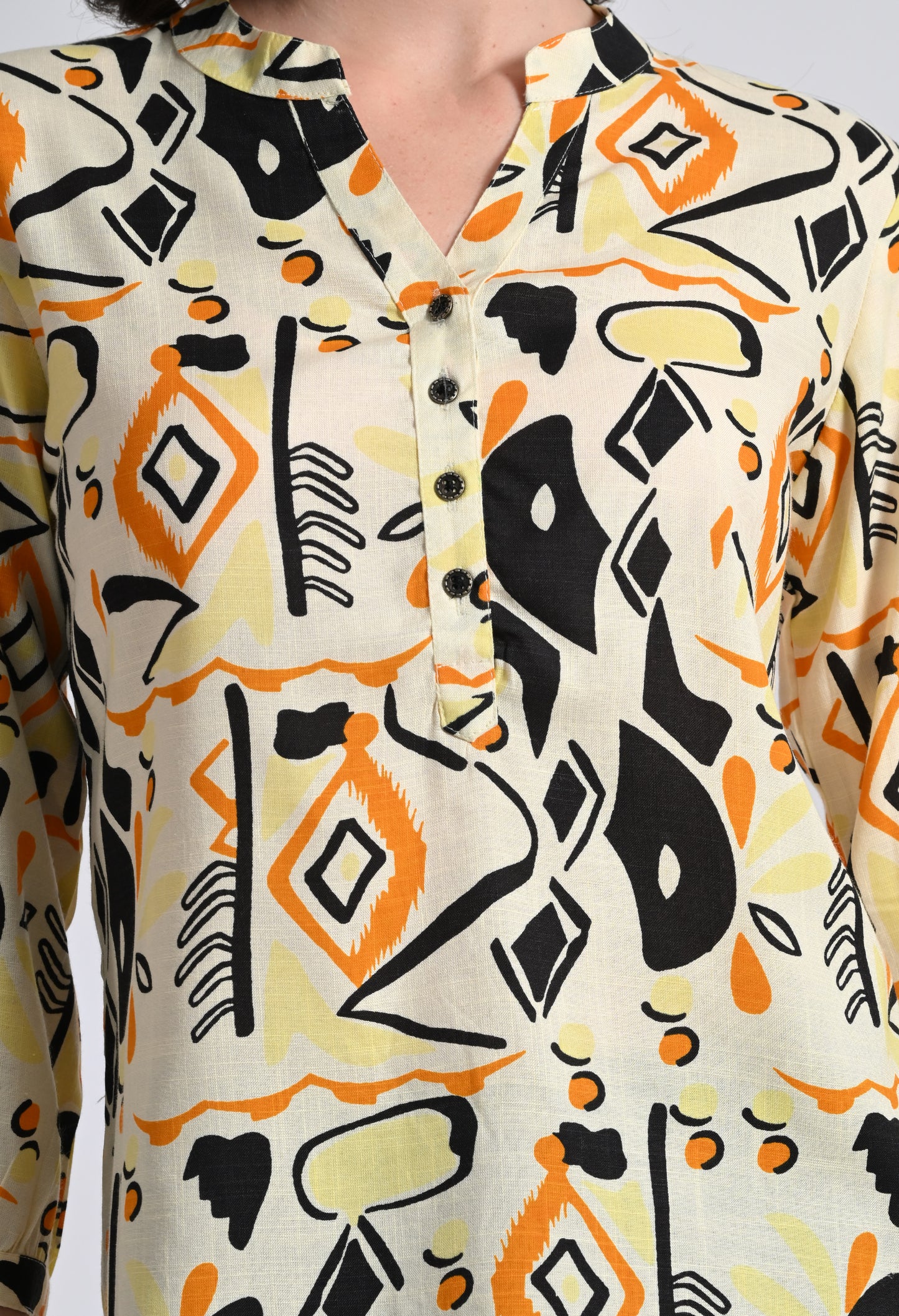 Women's Abstract Print Button-Up Blouse - Geometric Pattern 3/4 Sleeve Top