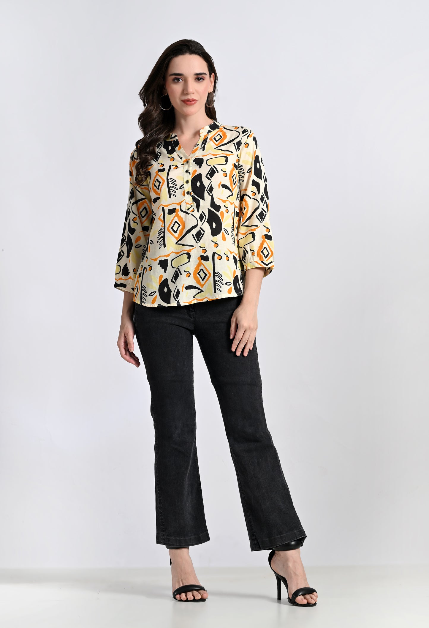 Women's Abstract Print Button-Up Blouse - Geometric Pattern 3/4 Sleeve Top