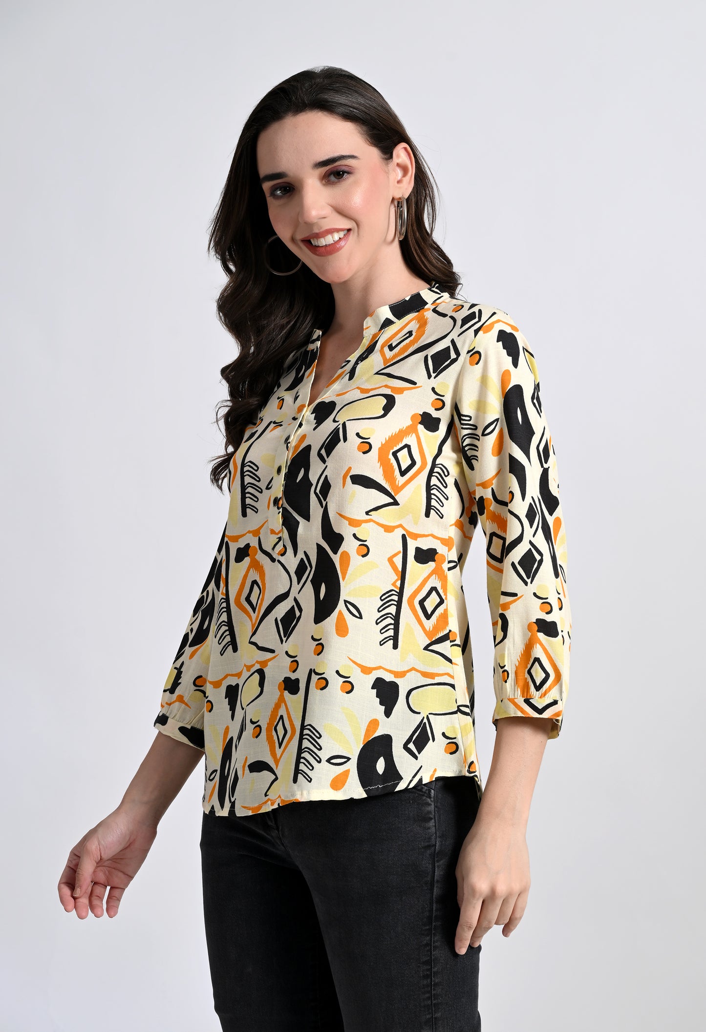 Women's Abstract Print Button-Up Blouse - Geometric Pattern 3/4 Sleeve Top