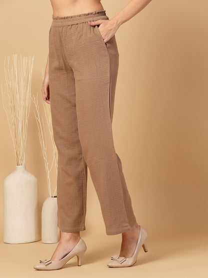 Women Regular Fit Elastic Waist Cotton Trouser for Casual Wear