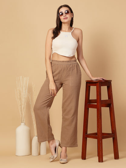 Women Regular Fit Elastic Waist Cotton Trouser for Casual Wear