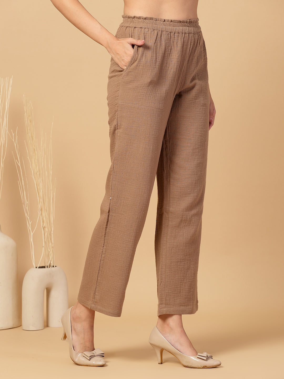 Women Regular Fit Elastic Waist Cotton Trouser for Casual Wear