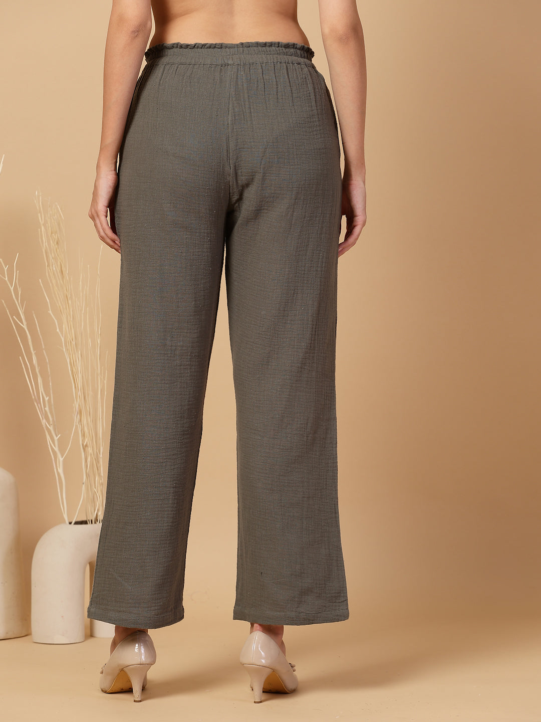 Women Regular Fit Elastic Waist Cotton Trouser for Casual Wear, Office Wear