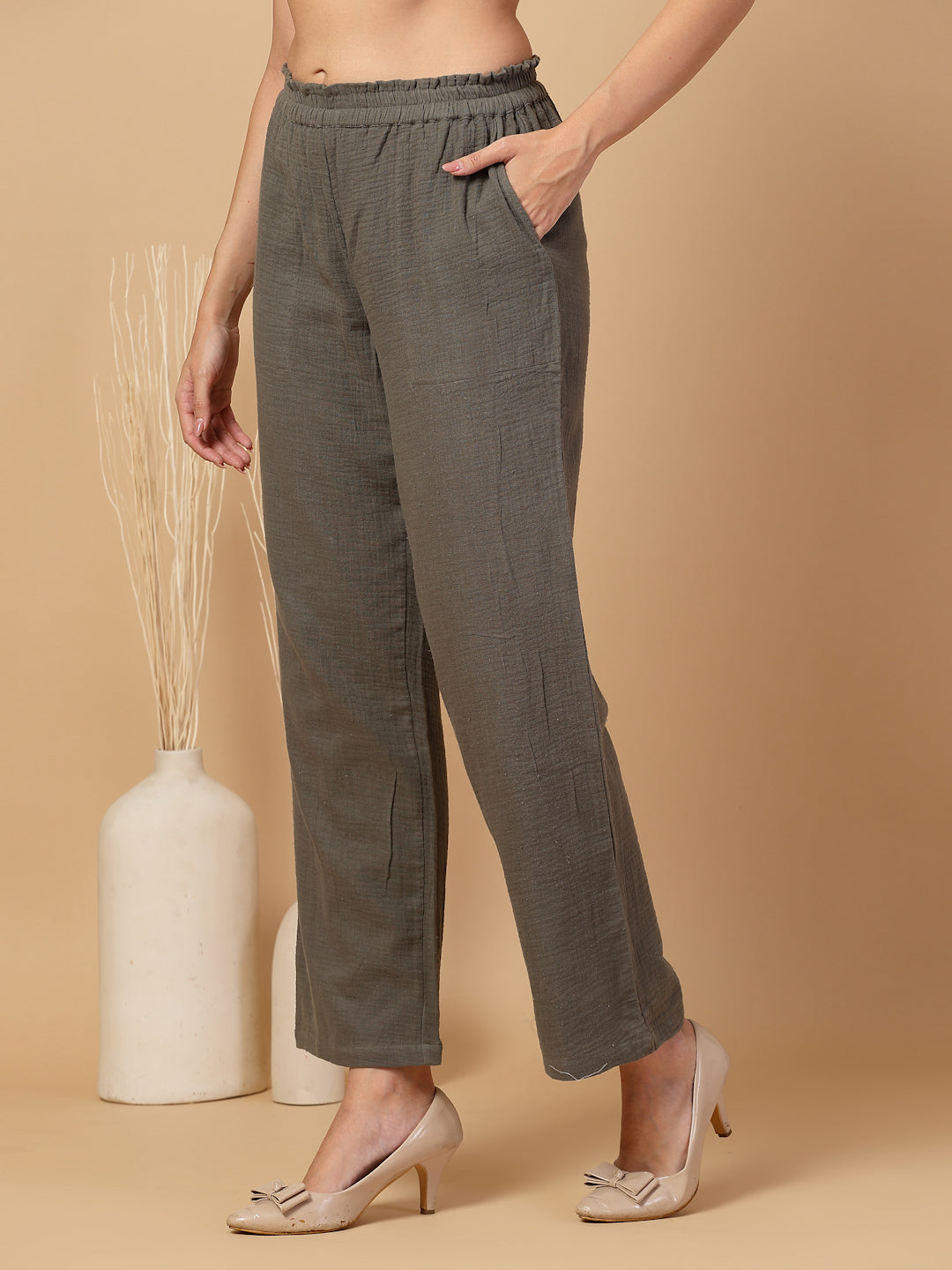 Women Regular Fit Elastic Waist Cotton Trouser for Casual Wear, Office Wear