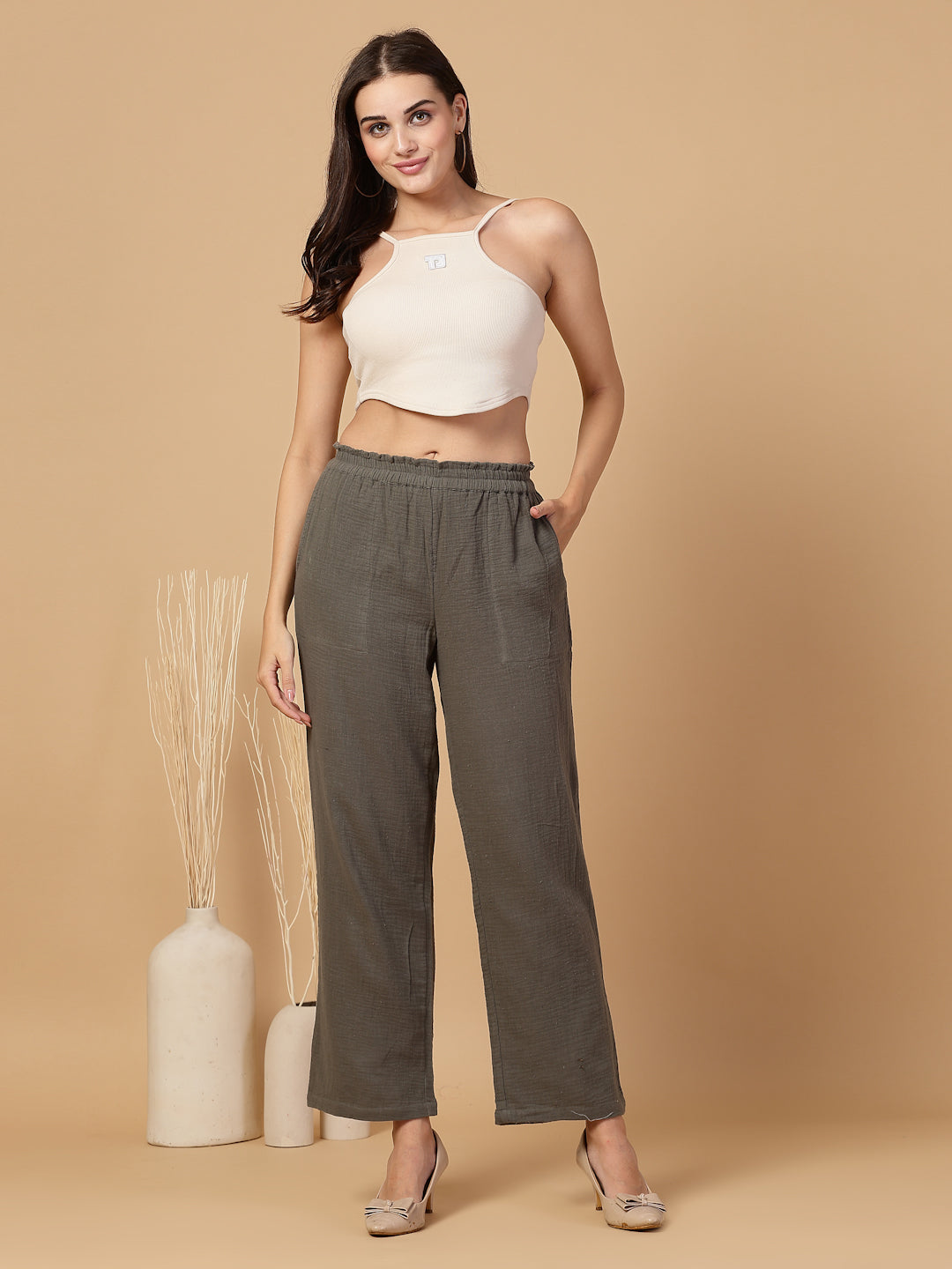 Women Regular Fit Elastic Waist Cotton Trouser for Casual Wear, Office Wear