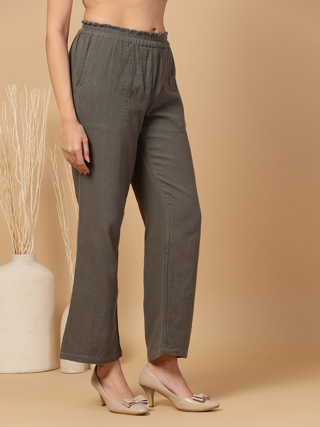 Women Regular Fit Elastic Waist Cotton Trouser for Casual Wear, Office Wear