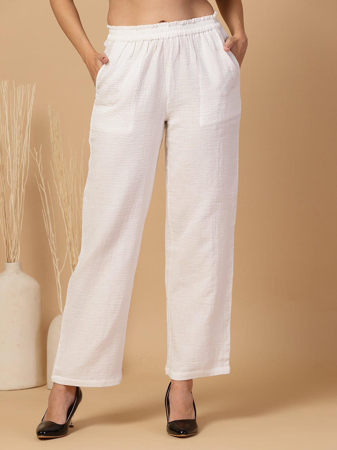 Women Regular Fit Elastic Waist Cotton Trouser Pants