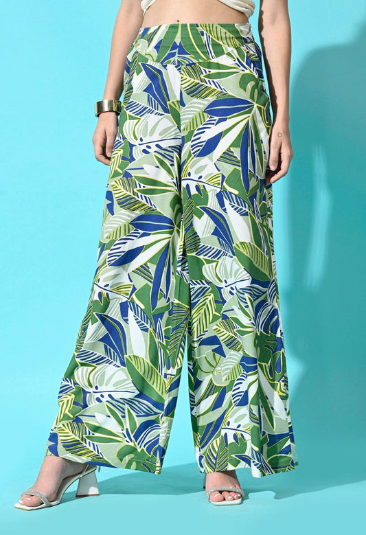 Rayon Printed Women Trouser - Leaf Print Green - SMERA MART