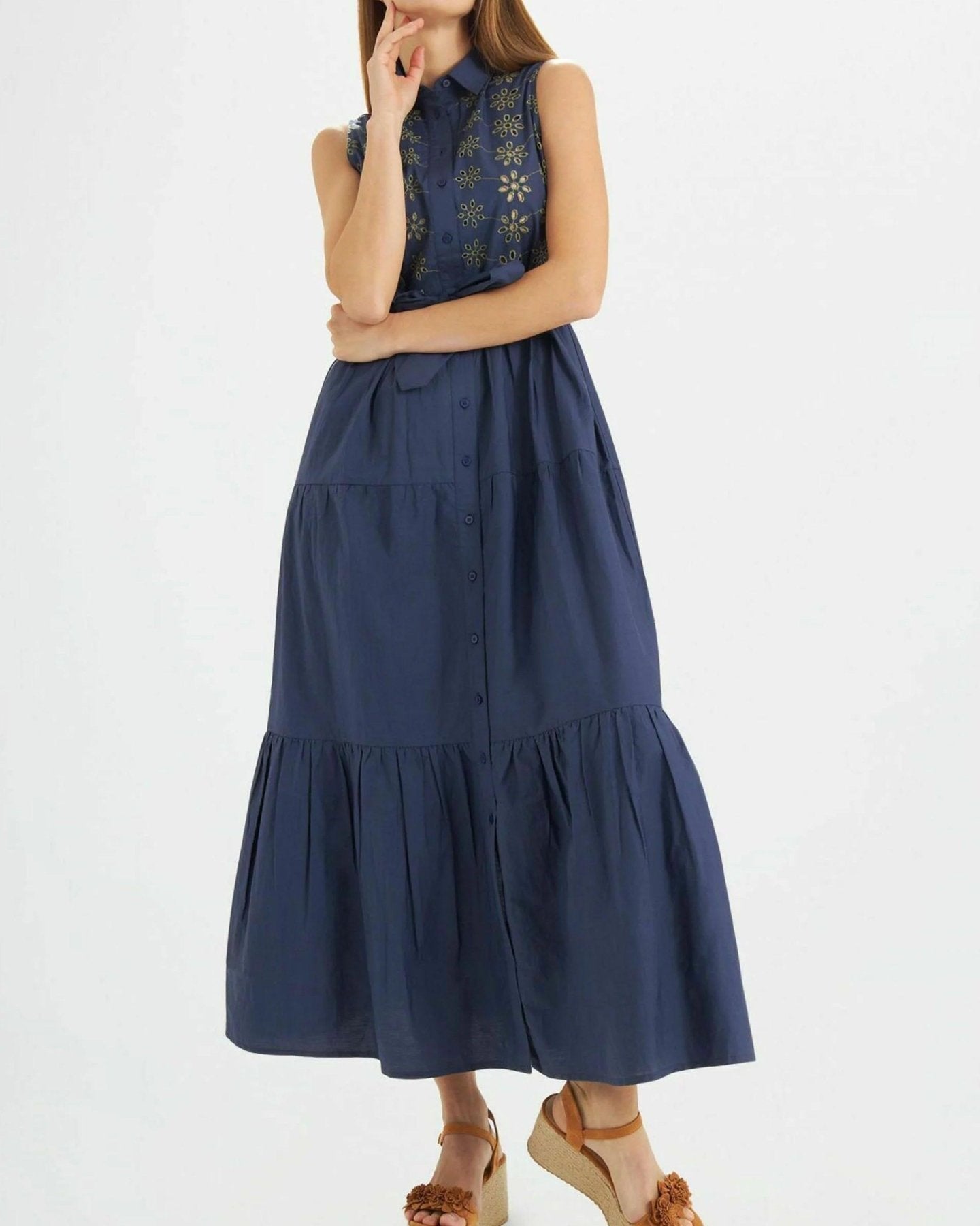 Women Blue Embroidery 100% Cotton Maxi/Full Length Shirt Dress - SMERA MART
