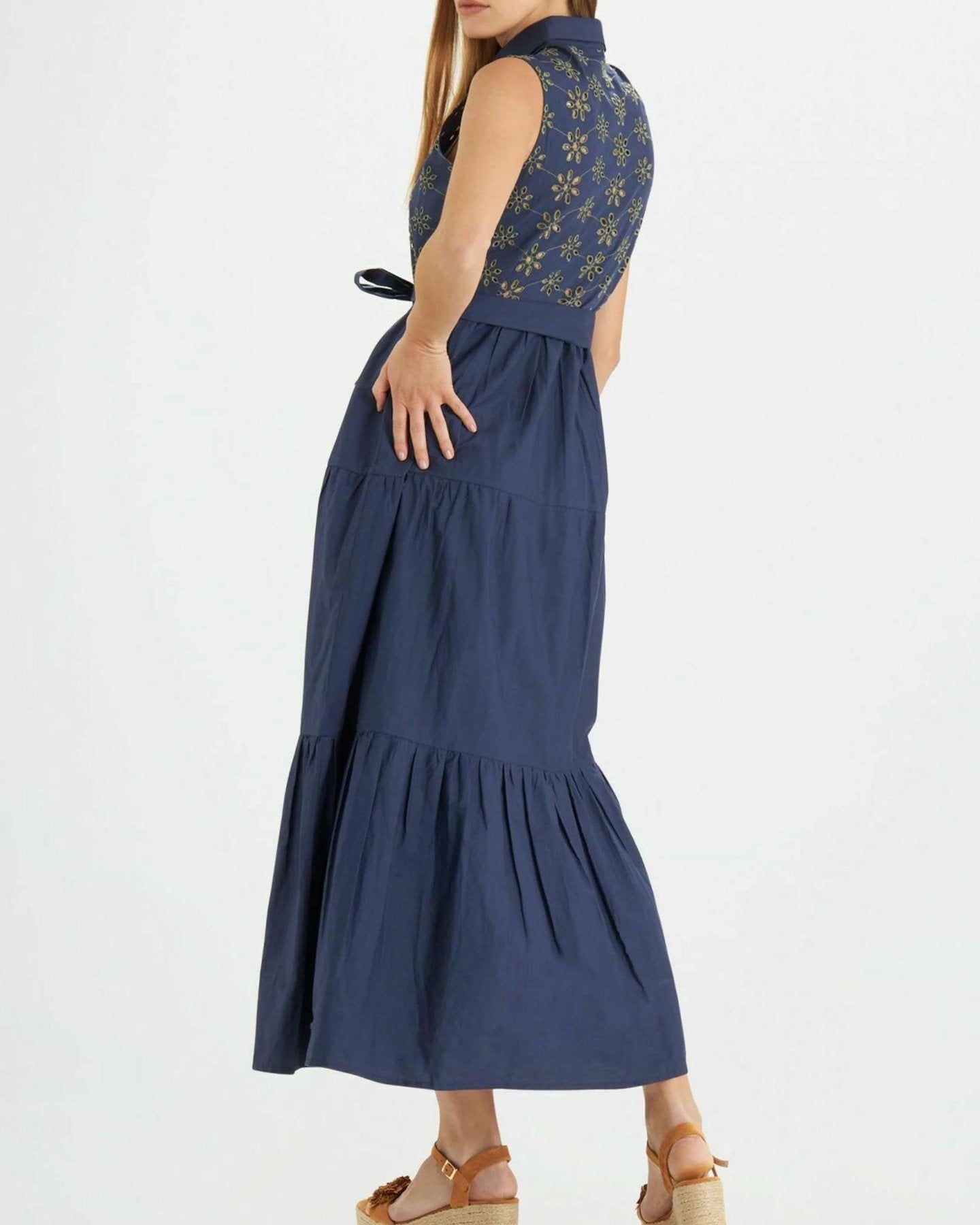 Women Blue Embroidery 100% Cotton Maxi/Full Length Shirt Dress - SMERA MART
