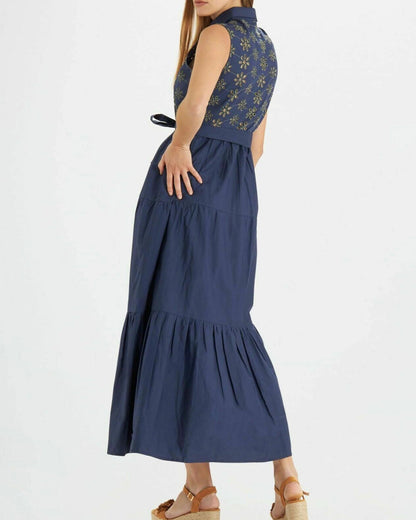 Women Blue Embroidery 100% Cotton Maxi/Full Length Shirt Dress - SMERA MART