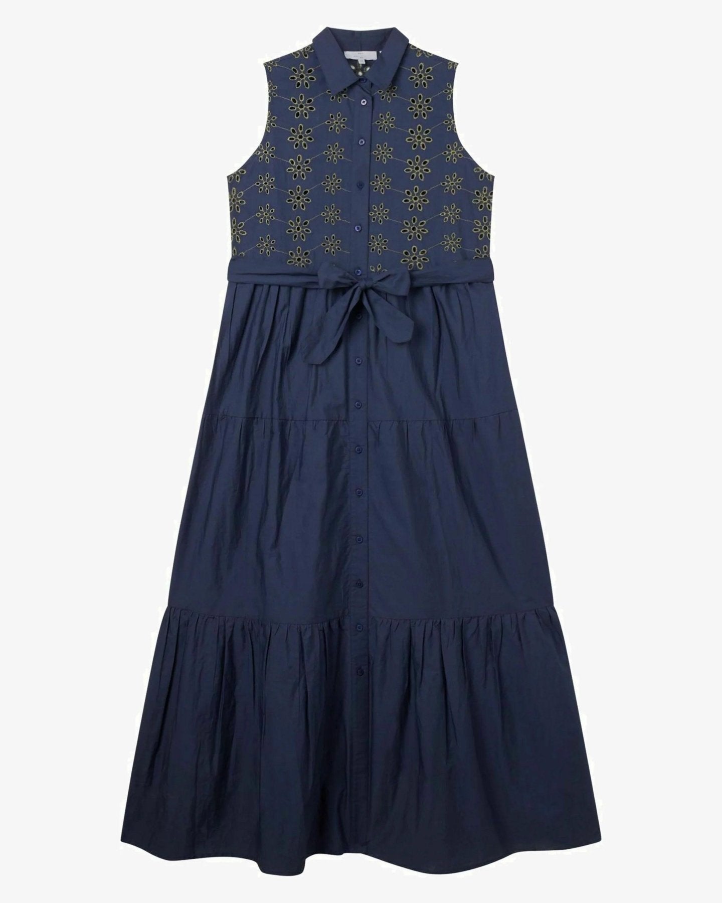 Women Blue Embroidery 100% Cotton Maxi/Full Length Shirt Dress - SMERA MART