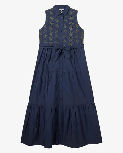 Women Blue Embroidery 100% Cotton Maxi/Full Length Shirt Dress - SMERA MART
