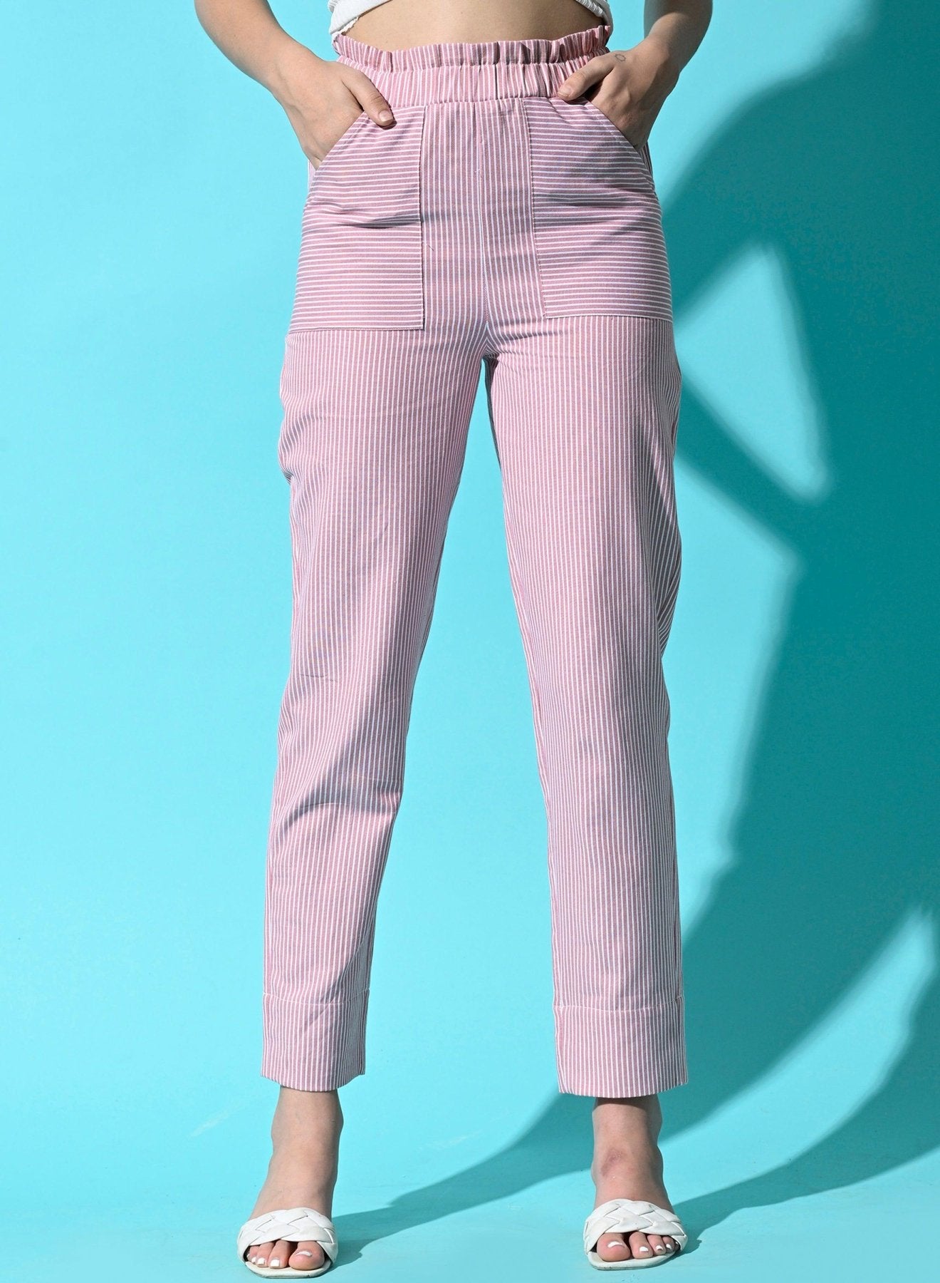 Women Cotton Stripe Regular Fit High Rise Trouser with Pocket - Pink - SMERA MART