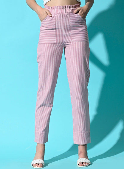 Women Cotton Stripe Regular Fit High Rise Trouser with Pocket - Pink - SMERA MART