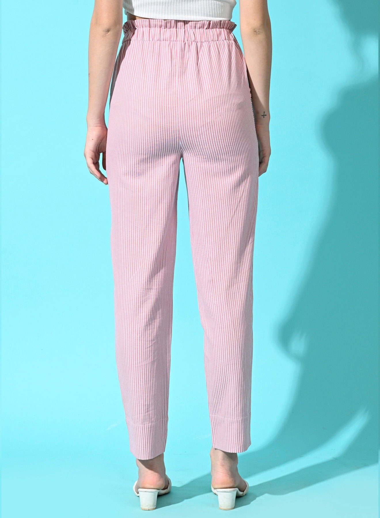 Women Cotton Stripe Regular Fit High Rise Trouser with Pocket - Pink - SMERA MART