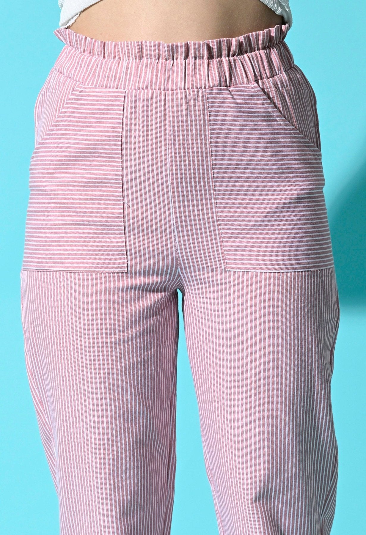 Women Cotton Stripe Regular Fit High Rise Trouser with Pocket - Pink - SMERA MART
