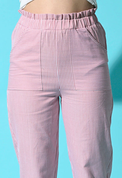 Women Cotton Stripe Regular Fit High Rise Trouser with Pocket - Pink - SMERA MART