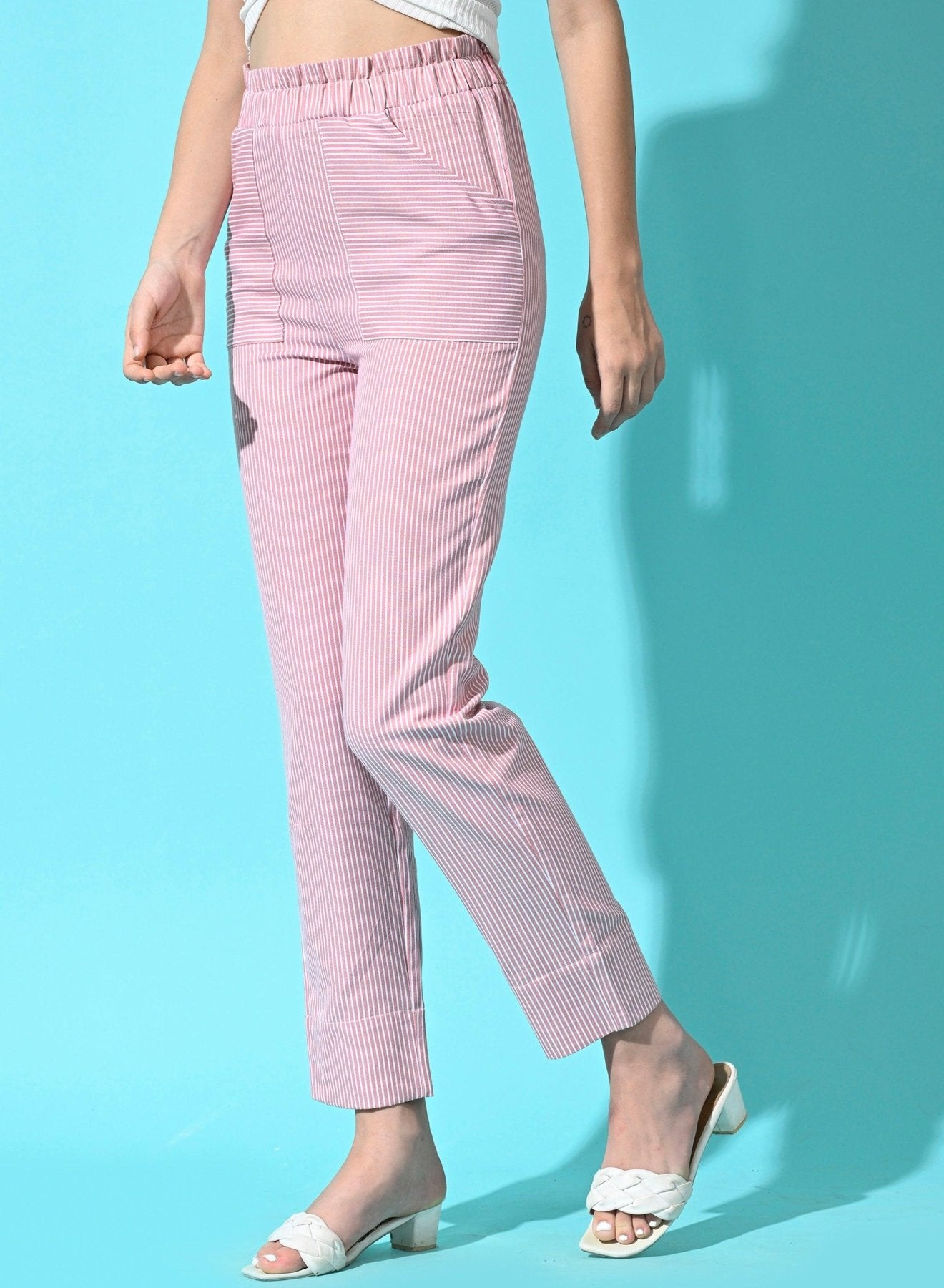 Women Cotton Stripe Regular Fit High Rise Trouser with Pocket - Pink - SMERA MART