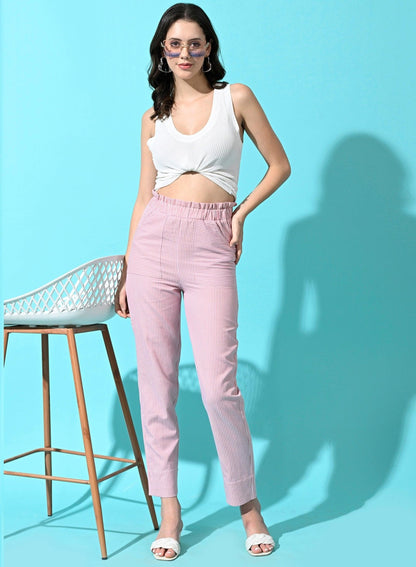 Women Cotton Stripe Regular Fit High Rise Trouser with Pocket - Pink - SMERA MART