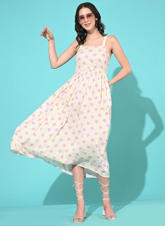 Women Western Summer Rayon Printed A Line Dress - Yellow - SMERA MART