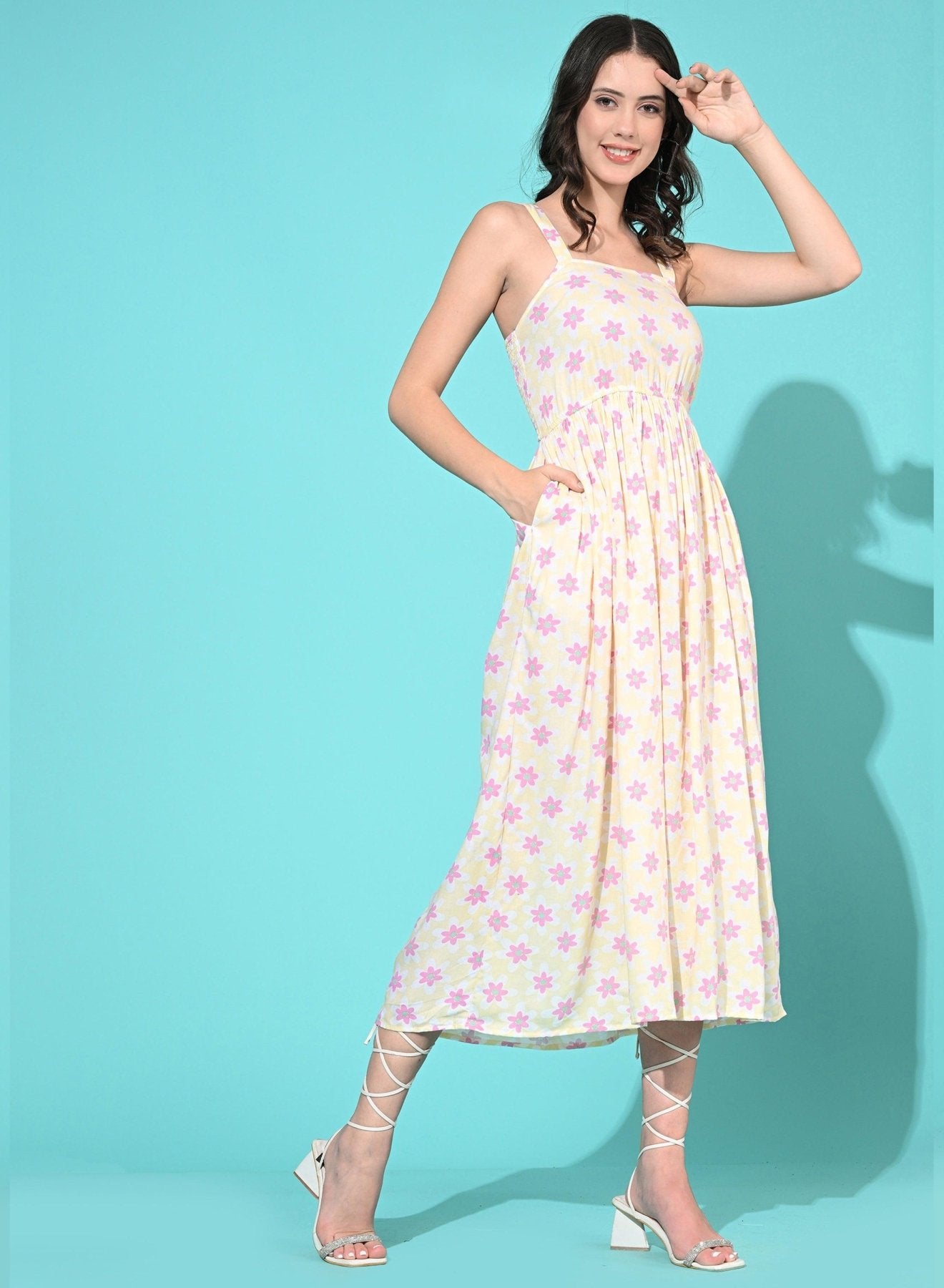 Women Western Summer Rayon Printed A Line Dress - Yellow - SMERA MART