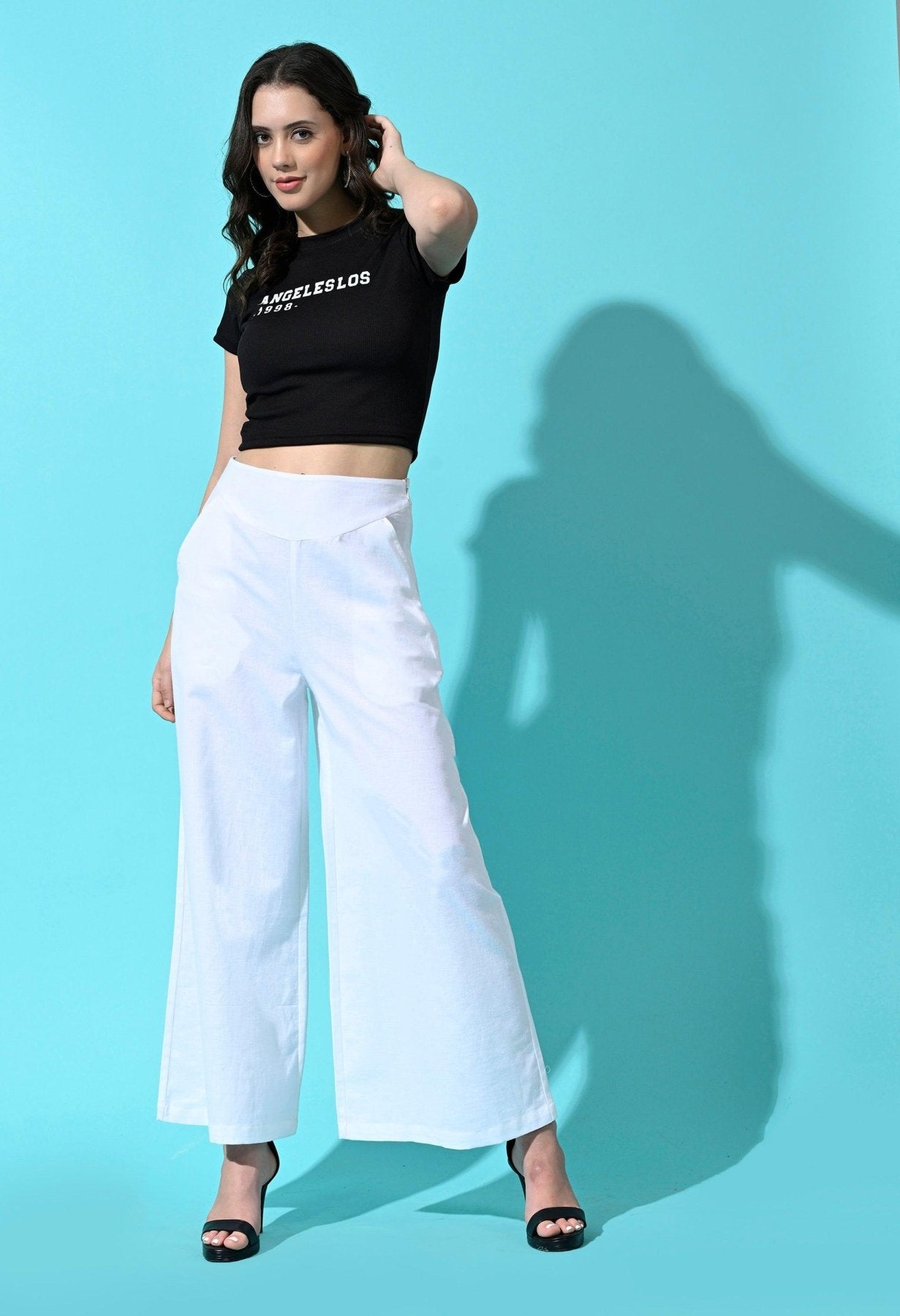 Women White Cotton Mid Waist Wide Leg Trouser Pants - SMERA MART