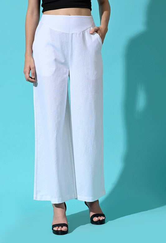 Women White Cotton Mid Waist Wide Leg Trouser Pants - SMERA MART