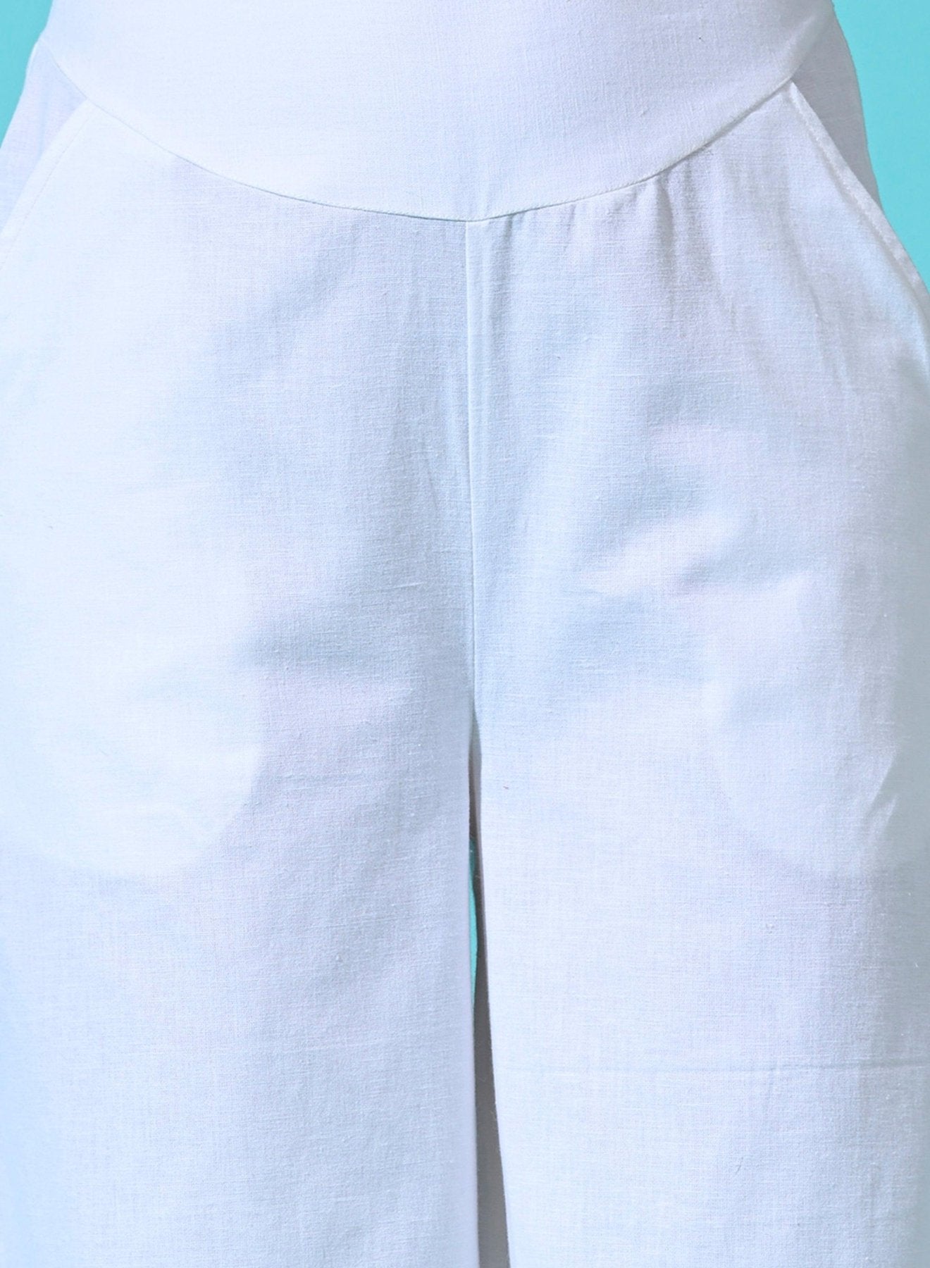 Women White Cotton Mid Waist Wide Leg Trouser Pants - SMERA MART