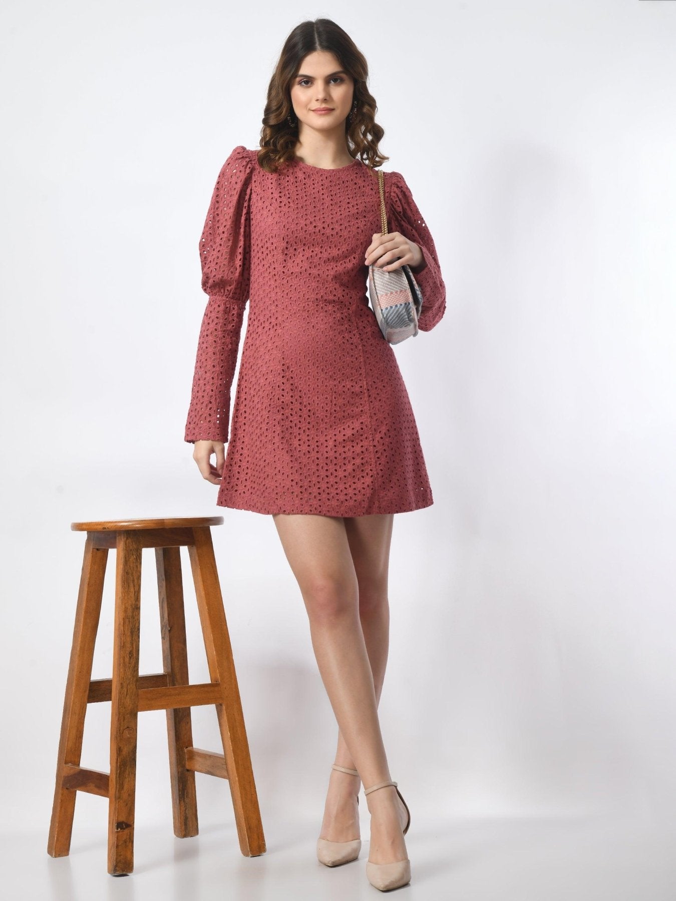 Women's 100% Cotton Schiffli Long Sleeve Sheath Mini Dress - Pink - SMERA MART