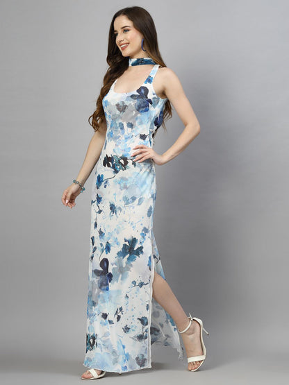 Women's 100% Polyester Back Open Sleeveless Printed Maxi Dress - Blue - SMERA MART