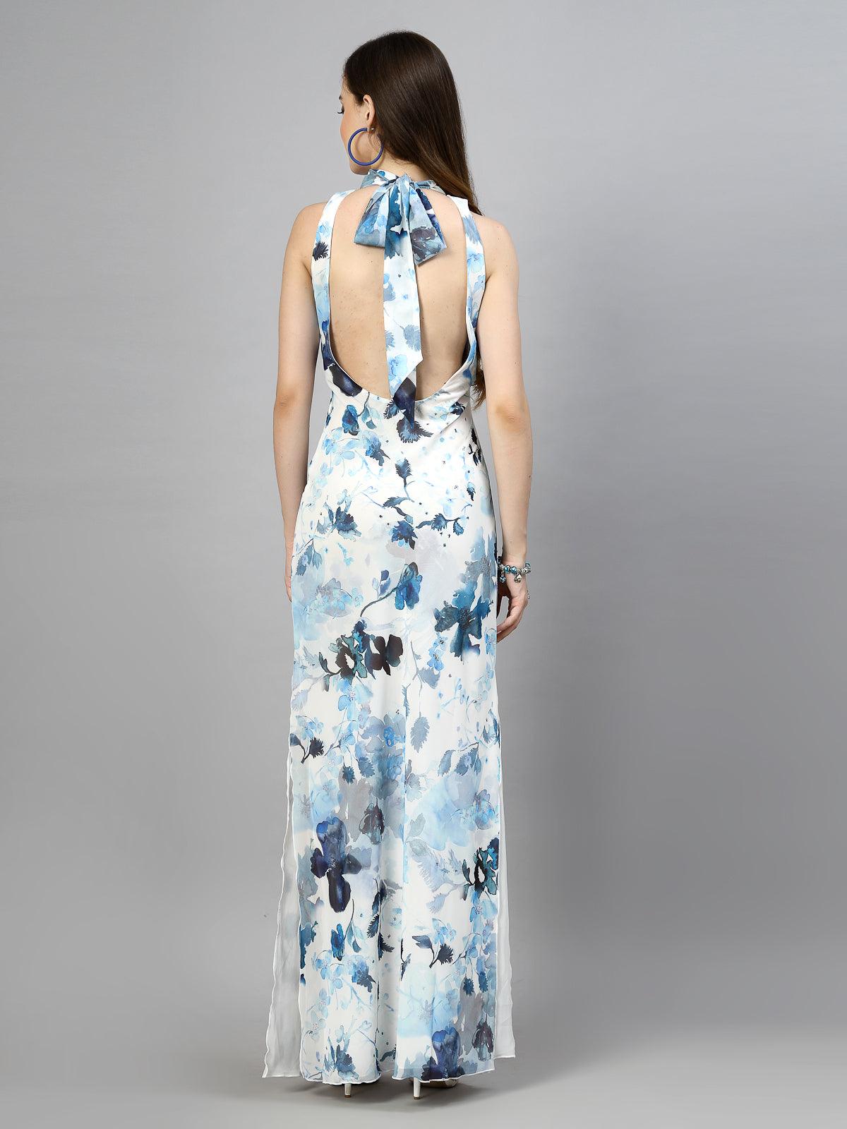 Women's 100% Polyester Back Open Sleeveless Printed Maxi Dress - Blue - SMERA MART