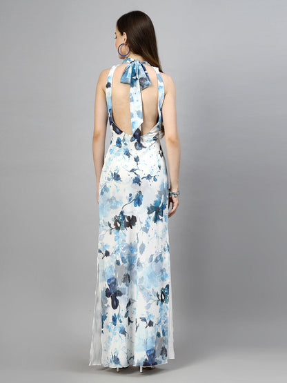 Women's 100% Polyester Back Open Sleeveless Printed Maxi Dress - Blue - SMERA MART